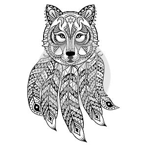 Vector ornamental Wolf with dreamcatcher, ethnic zentangled