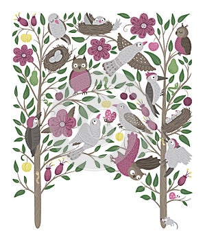 Vector ornate background with cute woodland owls, cuckoos, woodpeckers, leaves, flowers, insects. Funny forest scene with birds. photo