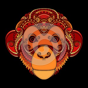 Vector Ornate Monkey Head. Patterned Tribal Colored Design