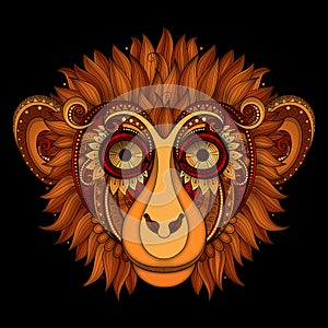 Vector Ornate Monkey Head. Patterned Tribal Colored Design
