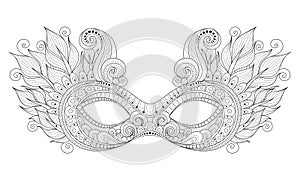 Vector Ornate Monochrome Mardi Gras Carnival Mask with Decorative Feathers