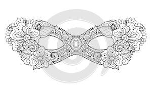 Vector Ornate Monochrome Mardi Gras Carnival Mask with Decorative Flowers