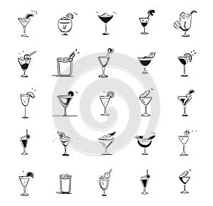 Vector outline alcohol glasses icon set. Types of alcohol drinks glasses. Design elements for menus, pubs, postcards, advertising