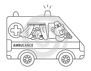 Vector outline ambulance with cute animals inside. Bear doctor driving emergency car with ill mouse. Funny special medical