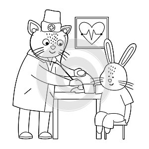 Vector outline animal doctor treating patient. Cat taking rabbitâ€™s blood pressure. Cute funny characters. Medicine coloring page