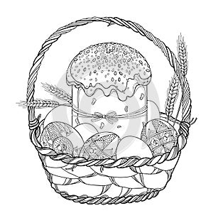 Vector outline basket with Easter cake or Paska, Ukrainian Easter egg Pysanka and wheat plant in black isolated on white.