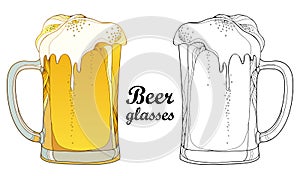 Vector outline beer mug in black and in color on white background. Glasses in contour style with lager beer with foam.