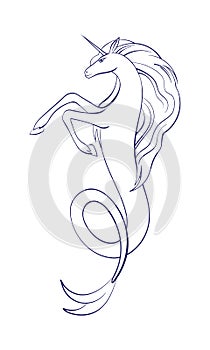 Vector outline cartoon sea fish horse unicorn. Graphic underwater corn animal illustration, fantastic creature isolated on white