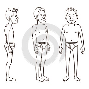 Vector Outline Character - Man in White Underpants. Set of Different Foreshortening