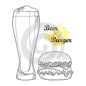 Vector outline cheeseburger or burger with cheese and beer glass with foam in black isolated on white background. Fast food menu.