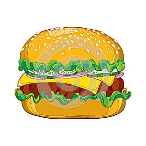 Vector outline cheeseburger with cheese, grilled beef, cucumber slice, lettuce salad, onion and sesame seed isolated on white.