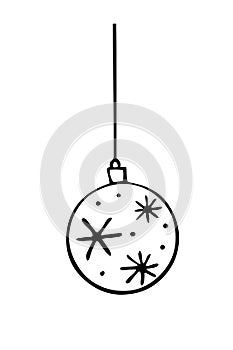 Vector outline Christmas ball hanging on string. Element of new year and xmas design in style of doodles, isolated. Simple hand