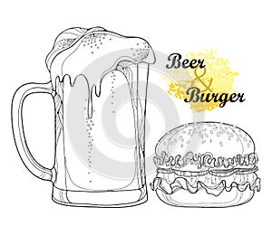 Vector outline classic hamburger with grill beef and beer mug with foam in black isolated on white background. Fast food drawing.