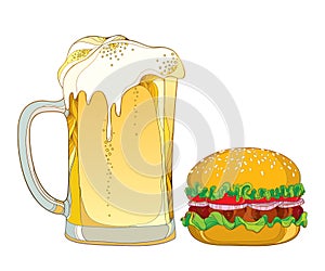 Vector outline classic hamburger with grilled beef and mug with foam lager beer isolated on white background. Fast food drawing.