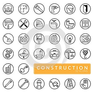 Vector of outline construction icons set. building, construction, home repair and renovation tools