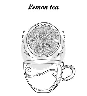 Vector outline cup of Lemon herbal tea and Lemon slice in black isolated on white background. Composition with tropical citrus.