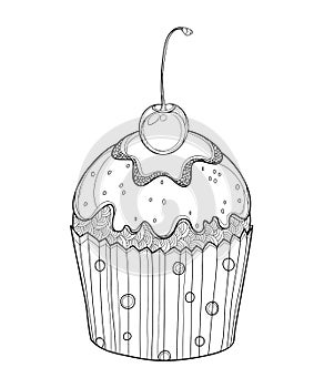 Vector outline cupcake with Cherry ripe berry in black isolated on white background. Drawing of cake with cherry fruit.