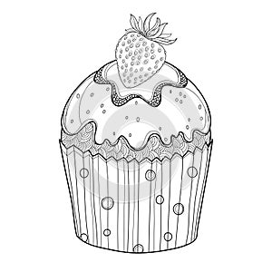 Vector outline cupcake with Strawberry ripe berry in black isolated on white background. Drawing of cake with strawberry.