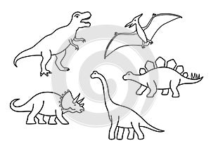 Vector outline dinosaurs - T-rex, Brachiosaurus, Pterodactyl, Triceratops, Stegosaurus. Cute flat dinosaurs isolated