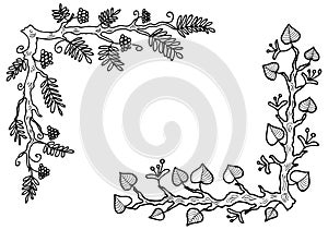 Vector outline drawing of decorative corners from rowan and linden branches, design elements for decorating backgrounds,greeting