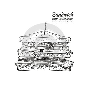 Vector Outline Drawing, a Sandwich with a Toothpick Isolated on White Background, Illustration.