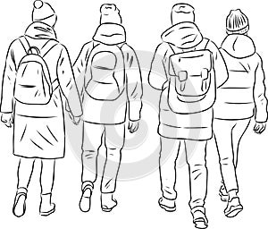 Vector outline drawing of students friends walking outdoors