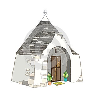 Vector outline drawing of Trulli or Trullo house with round conical roof in pastel colors isolated on white background.