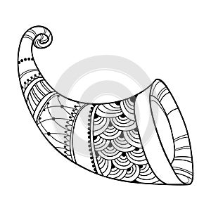 Vector outline empty thanksgiving Cornucopia or Horn of plenty in black isolated on white background. Contour Cornucopia.