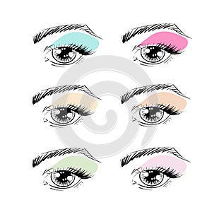 Vector outline eyes with brows, eye lashes and eye shadows