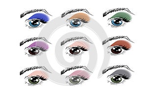 Vector outline eyes with brows, eye lashes and eye shadows