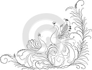 Vector outline floral corner with decorative curved birds and twigs with leaves and tendrils doodles
