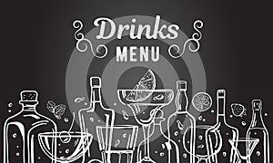 Vector outline hand drawn illustration with alcohol bottles and glasses with drinks on blackboard background