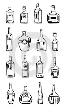 Vector outline hand drawn illustration set with different alcohol bottles
