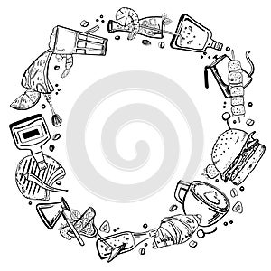 Vector outline hand drawn round frame with sketch illustration of food, sandwiches, alcohol and coffee drinks, desserts