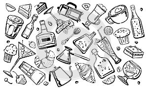 Vector outline hand drawn sketch illustration with alcohol and coffee drinks, croissants, cakes and alcohol bottles