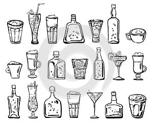 Vector outline hand drawn sketch illustration with different cocktails, coffee drinks and alcohol bottles