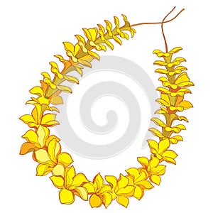Vector outline Hawaiian lei necklace from tropical Allamanda yellow flower and petal isolated on white background.