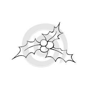 Vector outline Holly berry Christmas icon in doodle style. Simple clip art, traditional element of holiday design