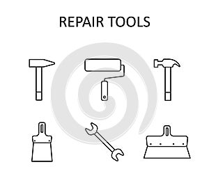 Vector outline icon with repair tools: hummer, wrench, paint roller, putty knife, nail puller