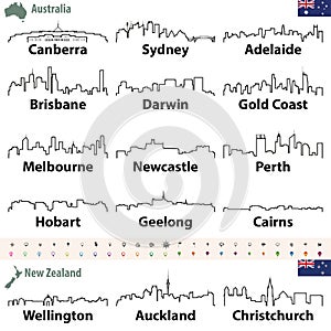 Vector outline icon sof Australia and New Zealand cities skylines