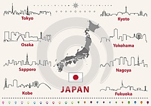 Vector outline icons of Japan cities skylines with japanese flag and map