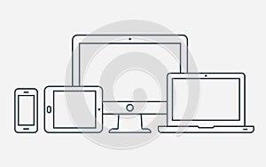 Vector outline icons. Monitor, laptop, tablet pc and smartphone