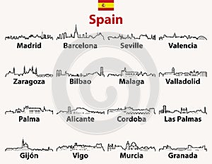 Vector outline icons of Spain cities skylines