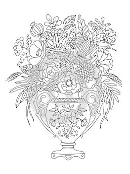 Vector outline illustration for antistress coloring book. A Vase with flower