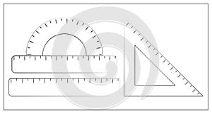 Vector outline illustration of ruler, straightedge, triangle ruler, protractor. School supplies. Measurement tool