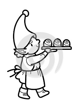 Vector outline illustration with Santa`s elf carrying buns on a tray. Coloring page with a fairy-tale character baking treats for
