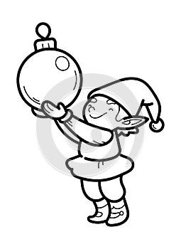 Vector outline illustration of Santa`s elf with decoration for Christmas tree isolated on a white background. Coloring page with
