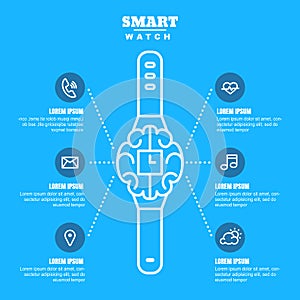 Vector outline illustration of smart watch on blue background.