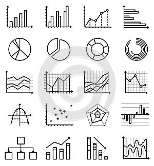 Vector outline isolated icons of graphs, schemes, schedules