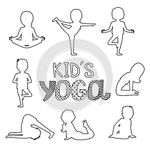 Vector outline kids yoga poses isolated on white background